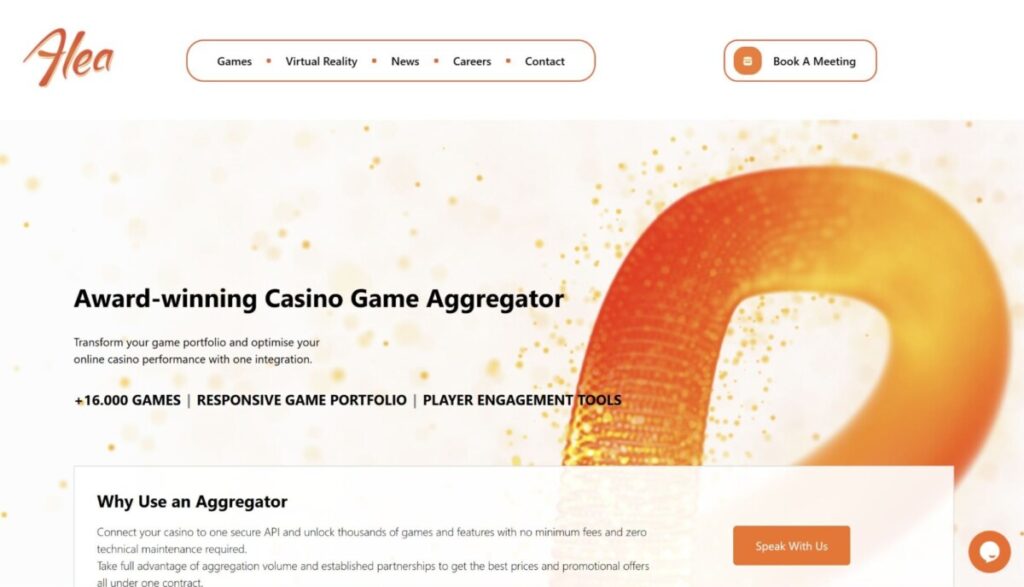 Homepage of Alea showcasing its award-winning casino game aggregator platform with over 16,000 responsive games and player engagement tools.