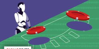 A robot stands at a digital poker table with chips, surrounded by binary code
