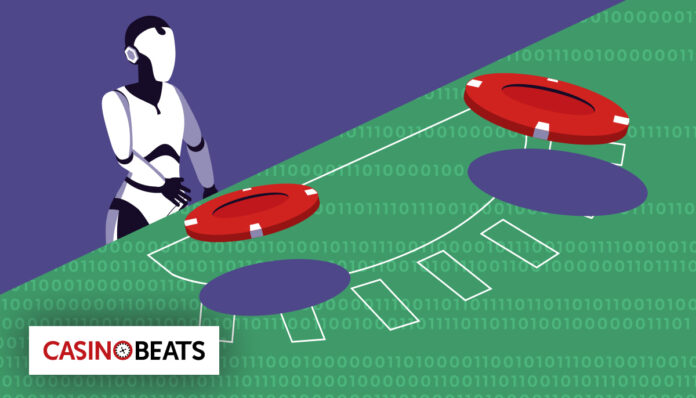 Artificial intelligence in online casinos A robot stands at a digital poker table with chips, surrounded by binary code