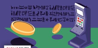 An illustration featuring a slot machine beside two coins, with a backdrop of ancient Egyptian hieroglyphs. Branding visible at the bottom.