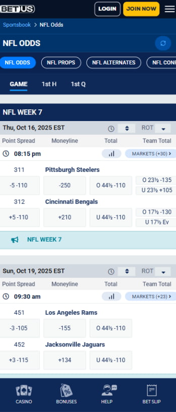 BetUS NFL betting