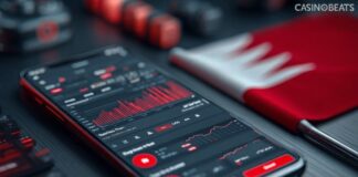 Betting site in Baharin displayed on smartphone with Bahraini flag in the background