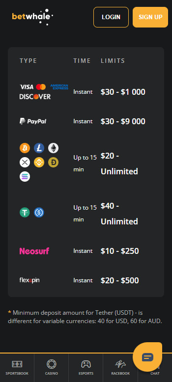 Banking options at BetWhale