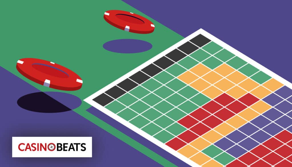 Illustration of a colorful casino betting chart with red chips on a green and purple table background