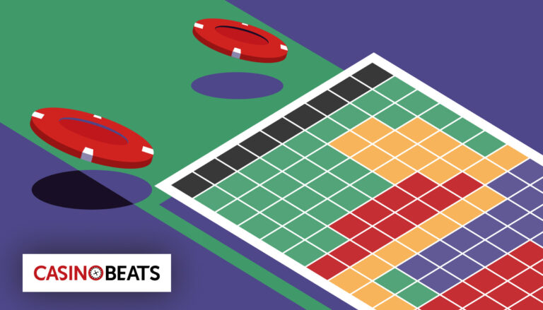 Illustration of a colorful casino betting chart with red chips on a green and purple table background