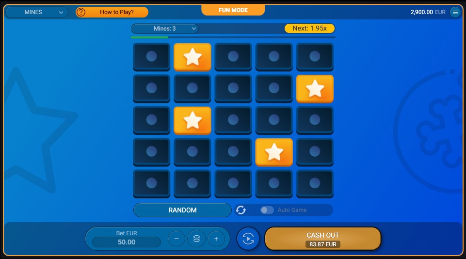 Mines casino game screenshot showing a 5x5 grid with several safe tiles revealed as stars. The player has a €50 bet, revealed four safe tiles, and the current multiplier is 1.95x with a cash-out option of €83.87.