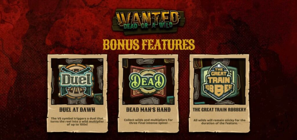 Bonus screen from Wanted Dead or a Wild showing Duel at Dawn, Dead Man’s Hand, and The Great Train Robbery feature icons
