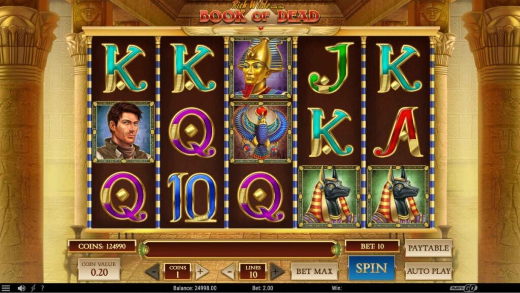 Gameplay screen of the Book of Dead slot by Play’n GO, featuring Rich Wilde alongside Egyptian symbols like Pharaohs, Anubis, and scarab icons on the reels inside a golden temple backdrop.