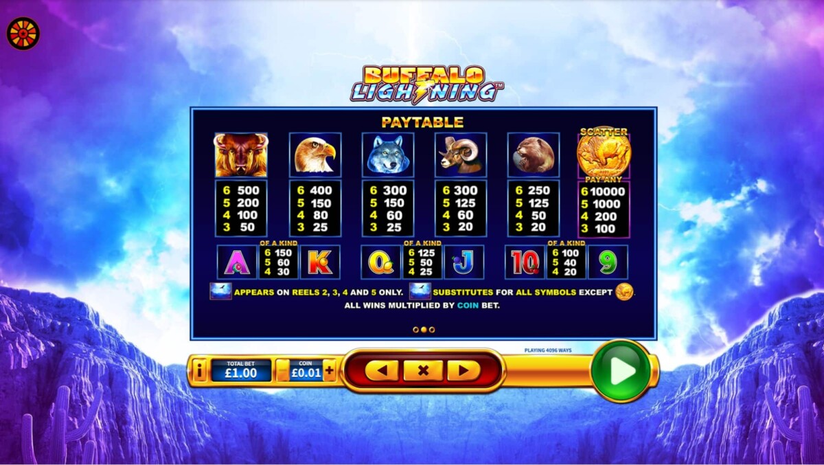 Colorful casino game screen titled 'Buffalo Lightning' with paytable showing animal symbols and values