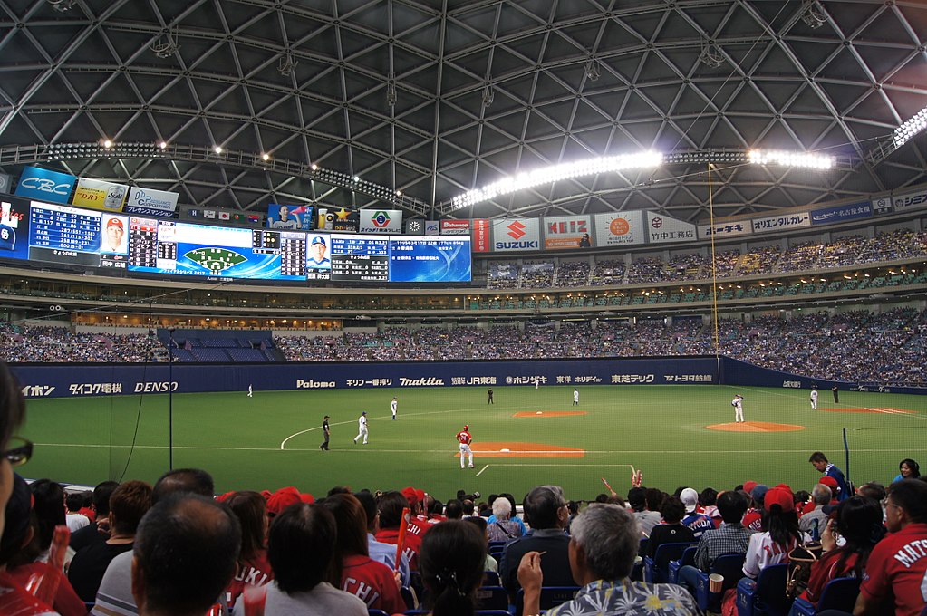 The Chunichi Dragons in action at the Nagoya Dome stadium.