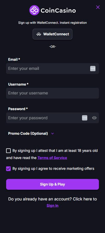 CoinCasino Registration Page