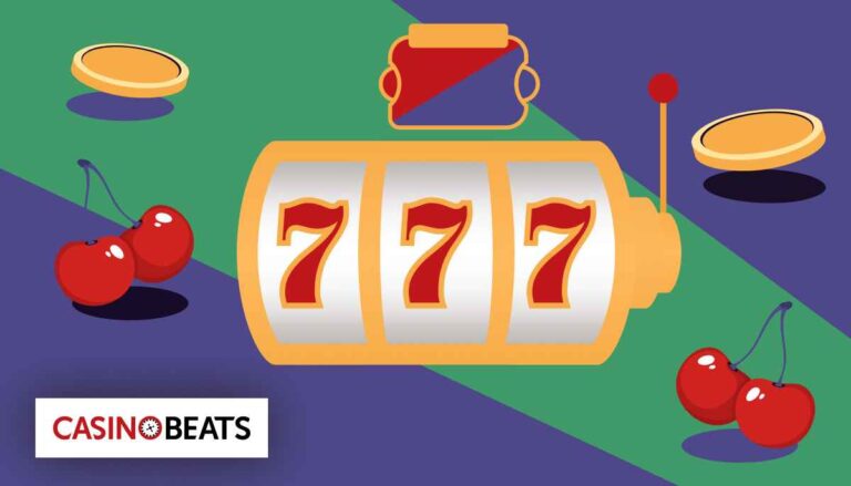 Illustration of a slot machine showing triple sevens with gold coins and cherries around it.