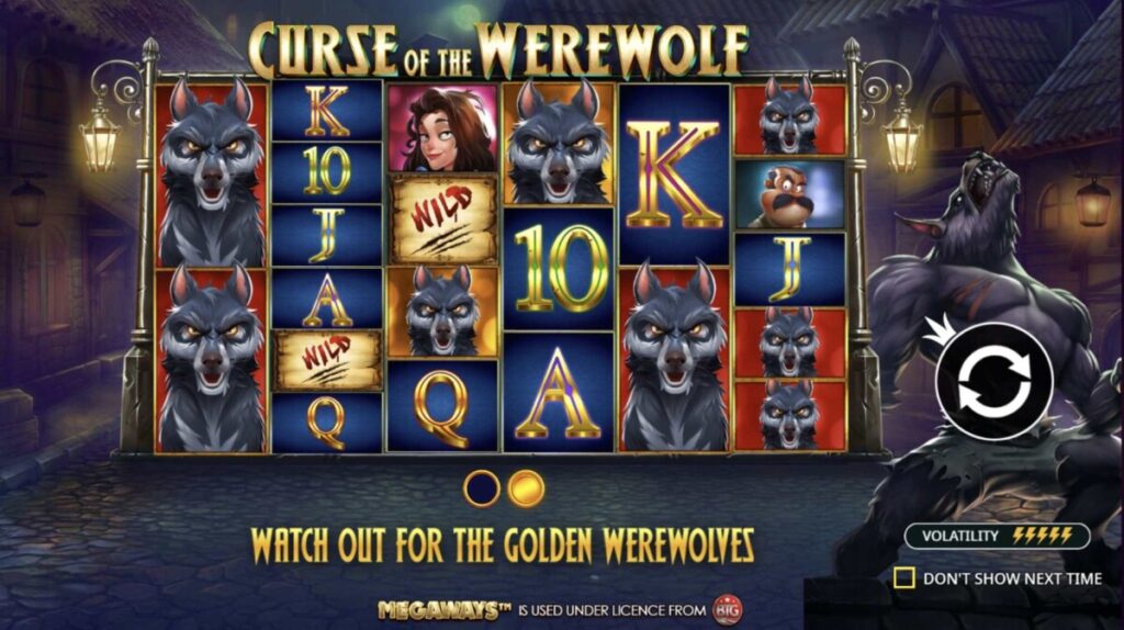 Curse of the Werewolf Megaways Pragmatic Play slot showing werewolf reels and bonus symbols.