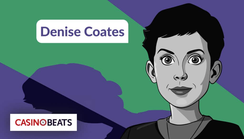 Cartoon portrait of a short-haired person on a green and purple background. "Denise Coates" text is above