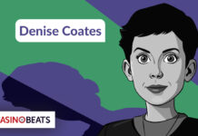 Cartoon portrait of a short-haired person on a green and purple background. "Denise Coates" text is above