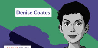 Who Owns bet365 and How Rich Are They? Cartoon portrait of a short-haired person on a green and purple background. "Denise Coates" text is above