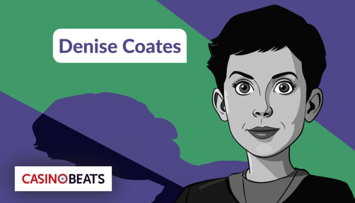 Cartoon portrait of a short-haired person on a green and purple background. "Denise Coates" text is above
