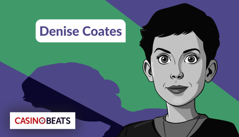 Cartoon portrait of a short-haired person on a green and purple background. "Denise Coates" text is above