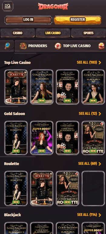 Dragonia live casino lobby