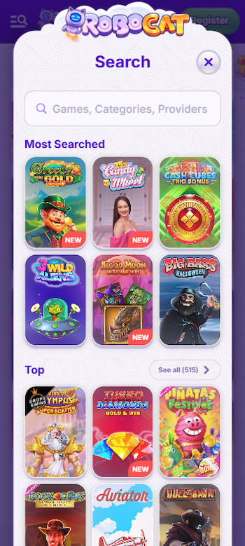 Easy filtering options at Robocat NZ Pokie site