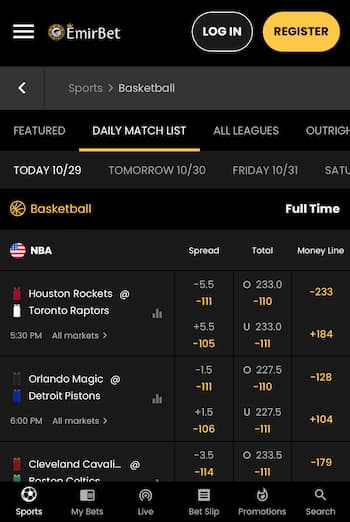 EmirBet betting screen for basketball
