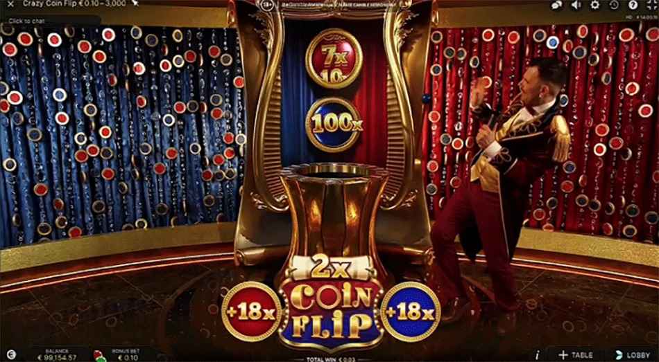 Crazy Coin Flip live host standing beside the coin flipper machine during the bonus round with red and blue multipliers.