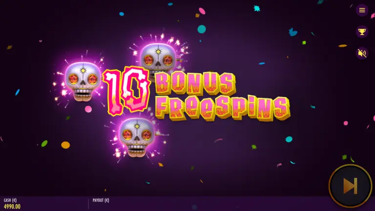Esqueleto Explosivo 2 game screen showing "10 BONUS FREESPINS" with sugar skulls and colorful confetti 