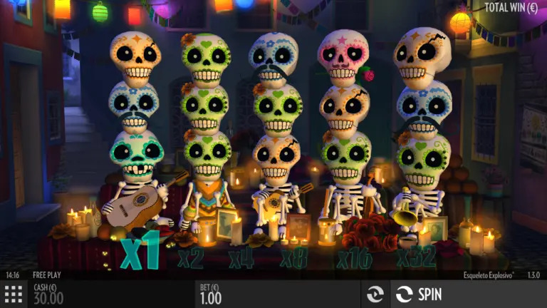 Esqueleto Explosivo game screen with skeletons play musical instruments