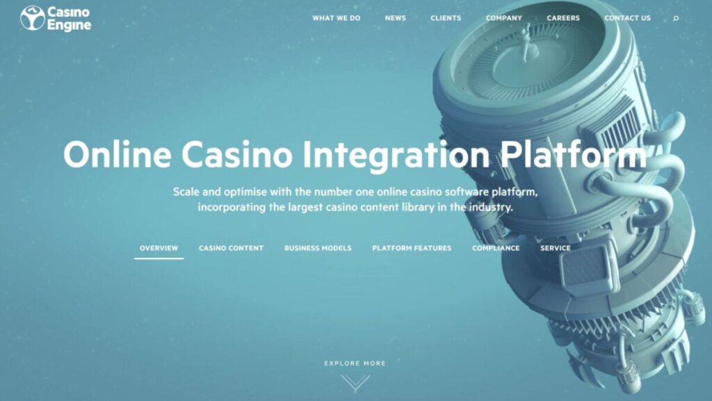 CasinoEngine website homepage promoting its online casino integration platform with an overview of casino content, platform features, and business models.