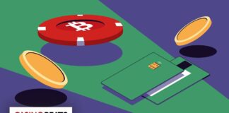 A digital artwork featuring a Bitcoin chip, golden coins, and a contactless card on a green-purple background.