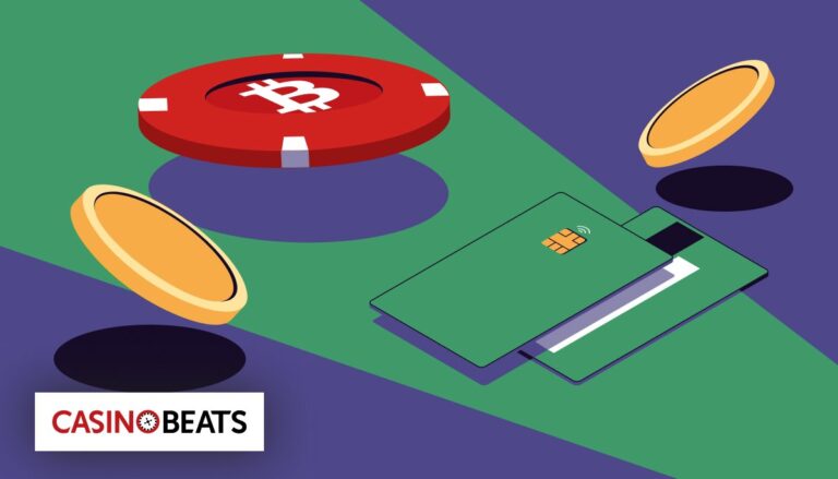 A digital artwork featuring a Bitcoin chip, golden coins, and a contactless card on a green-purple background.