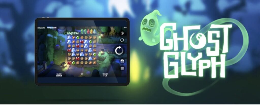 Ghost Glyph Quickspin slot showing ghost-themed gameplay with glowing symbols.