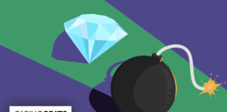 An illustration of a shiny blue diamond next to a lit black bomb on a green and purple background