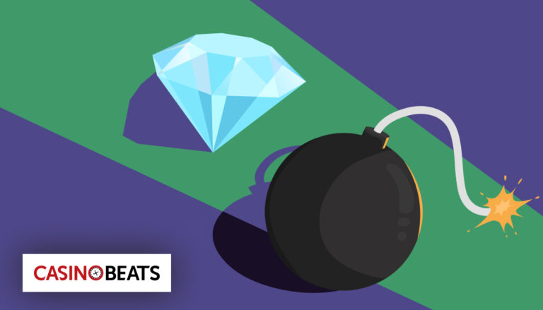 An illustration of a shiny blue diamond next to a lit black bomb on a green and purple background