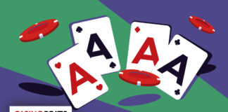 Illustration of four aces in spades and hearts with red poker chips floating around on a purple and green background