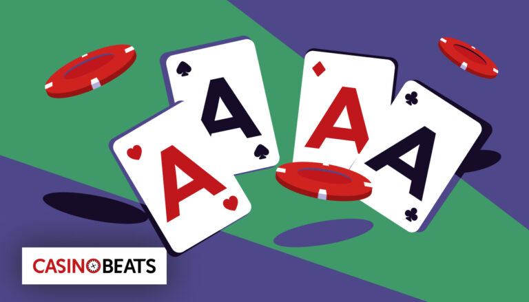 Illustration of four aces in spades and hearts with red poker chips floating around on a purple and green background