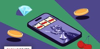 Online Casino Content Aggregators: Simplifying Game Integration Illustration of a smartphone displaying a slot game with cherries and a fantasy warrior character, surrounded by casino symbols like coins, a diamond, and cherries