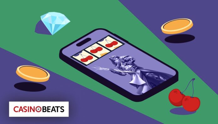 Illustration of a smartphone displaying a slot game with cherries and a fantasy warrior character, surrounded by casino symbols like coins, a diamond, and cherries