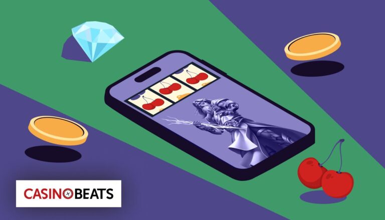Illustration of a smartphone displaying a slot game with cherries and a fantasy warrior character, surrounded by casino symbols like coins, a diamond, and cherries