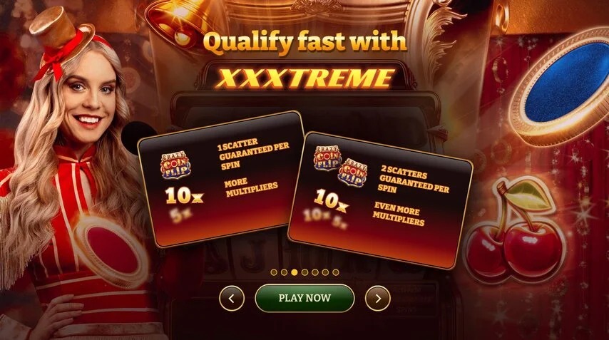 Crazy Coin Flip game screen showing XXXtreme spin mode options with live host in red outfit.