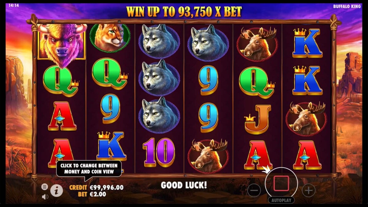 Image of an online slot machine game with a buffalo theme. Features animal symbols like wolves and moose, with bold letters and numbers