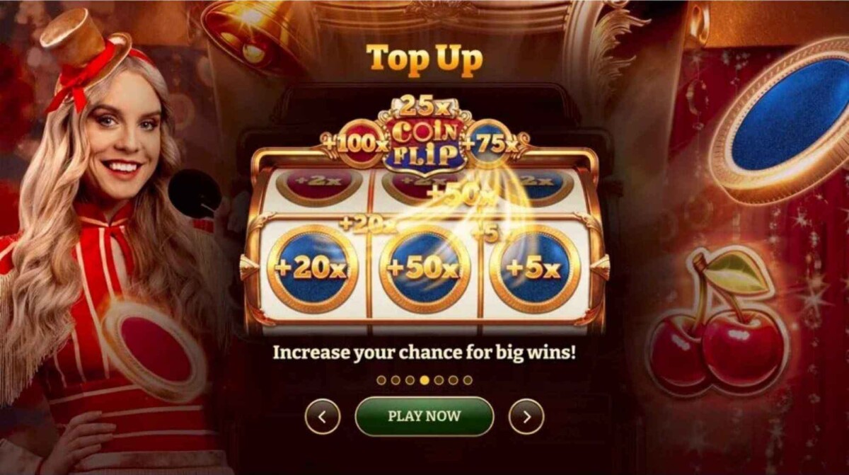 Crazy Coin Flip Top-Up phase displaying +20x, +50x, and +5x multipliers before entering the live bonus round.