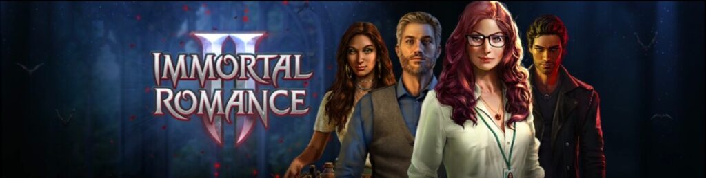 Immortal Romance II slot artwork featuring four main vampire characters from Stormcraft Studios.