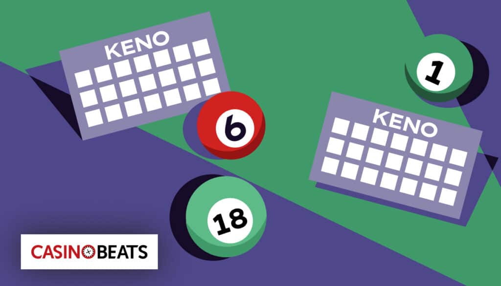 Two Keno cards with grids next to numbered balls "6," "18," and "1" on a purple and green background