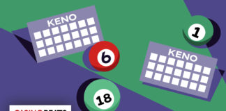Two Keno cards with grids next to numbered balls "6," "18," and "1" on a purple and green background