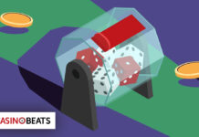 Illustration of dice rolling inside a transparent tower representing the Lightning Dice casino game