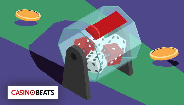 Illustration of dice rolling inside a transparent tower representing the Lightning Dice casino game