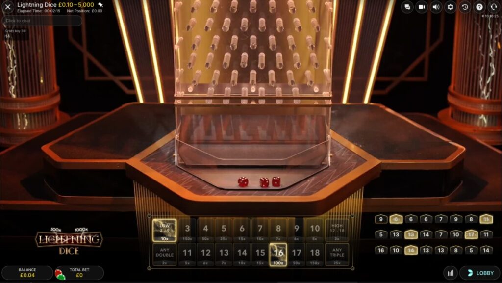 Three red dice resting at the bottom of the transparent tower in a live Lightning Dice game