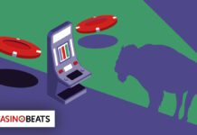 Illustration of a slot machine with spinning reels on grass and purple background. Two large poker chips hover nearby. A buffalo silhouette is visible