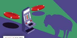 How to Play Buffalo Slots – RTP, Bonus Rounds & Strategy Illustration of a slot machine with spinning reels on grass and purple background. Two large poker chips hover nearby. A buffalo silhouette is visible